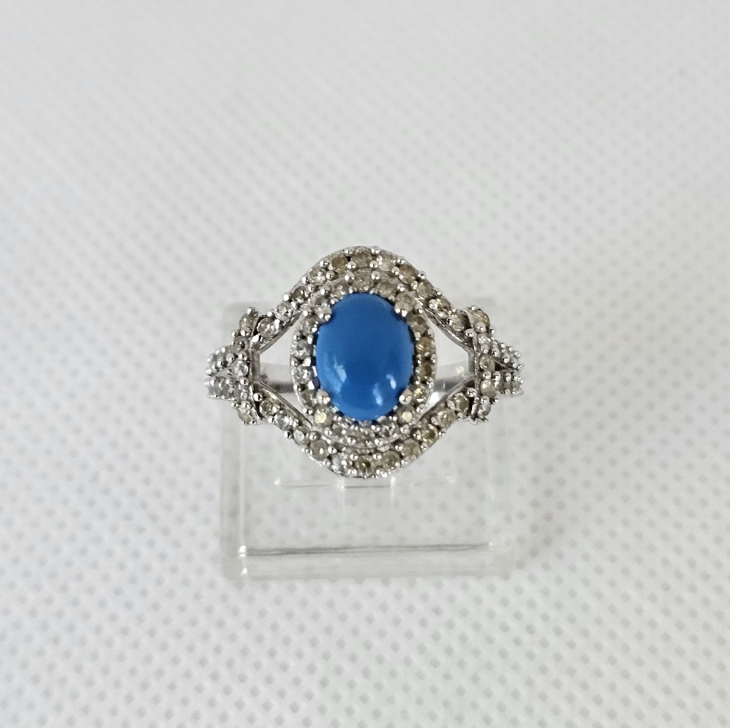 Rare Ceruleite & White Zircon Ring In Platinum Over Sterling Silver Size 6!